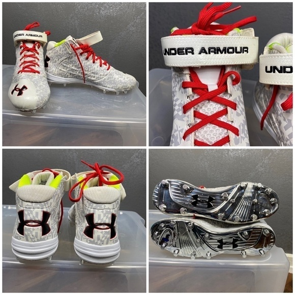 Under Armour Other - Under Armour YYII-S1 gray/white pattern high top with metallic silver cleats